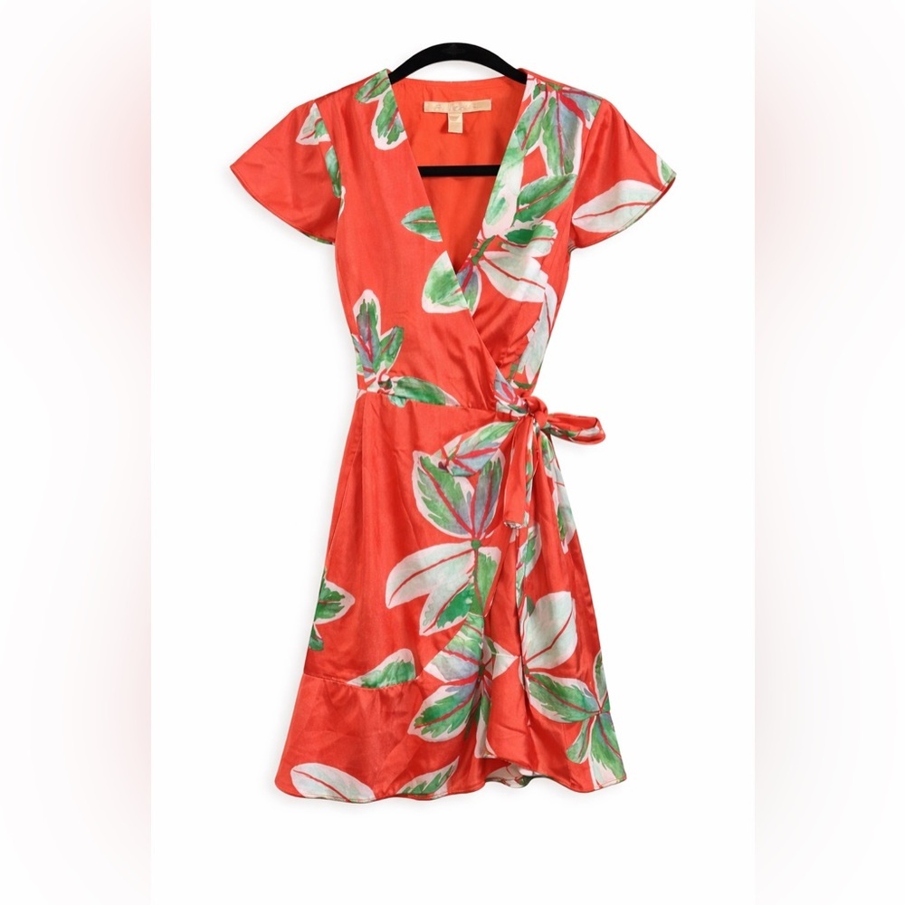Hutch Orange Tropical Wrap Dress Mini Resort Vacation Beachy Boho Chic- XS